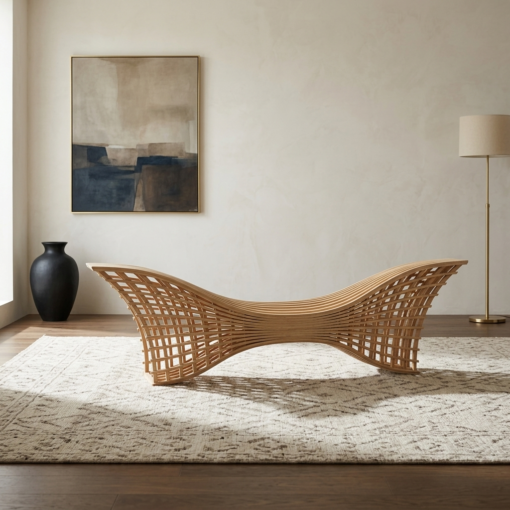 Hourglass Sculptural Woven Wooden Bench - handcrafted Indian furniture, An architectural masterpiece that doubles as premium seating