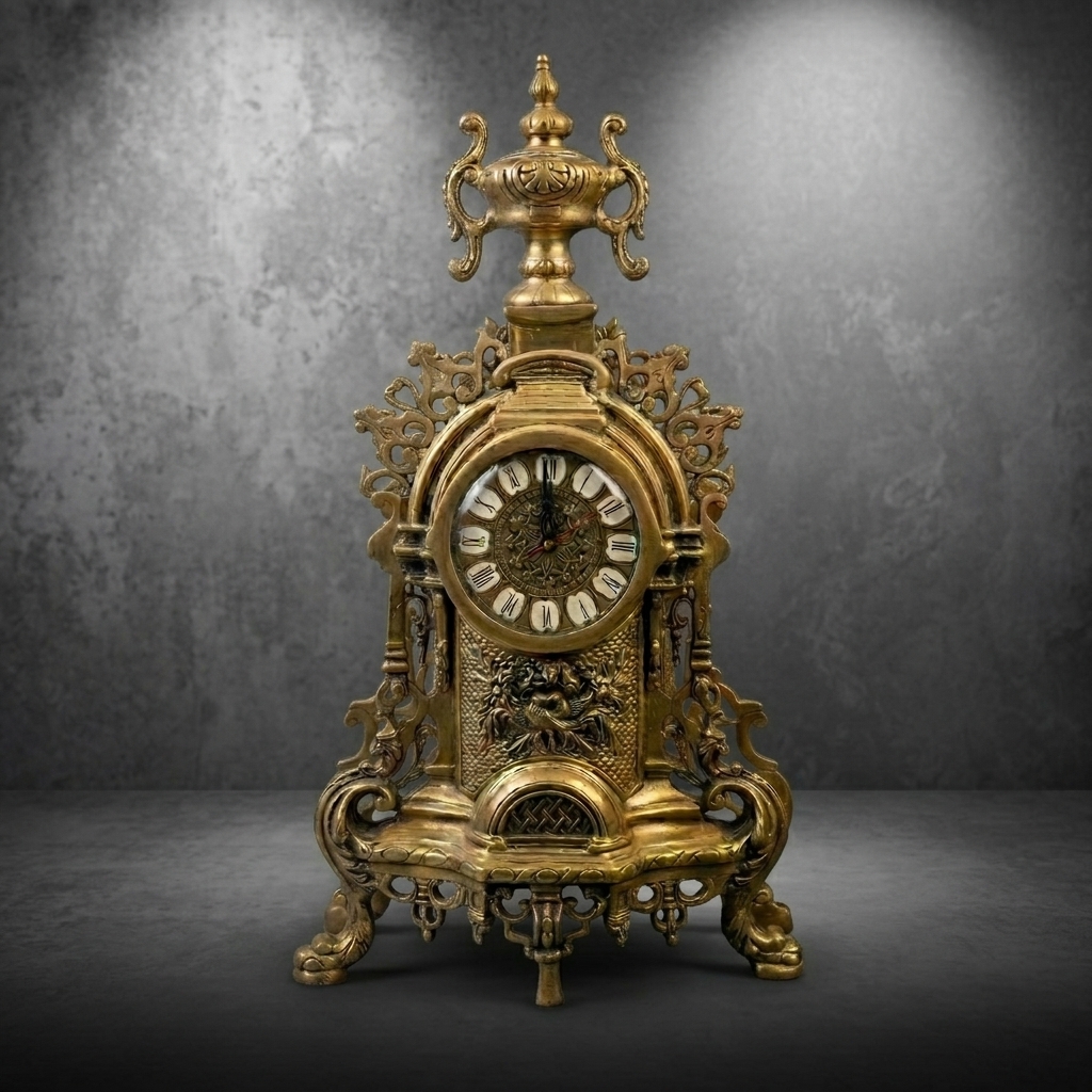 Brass Table Clock with Roman Dial - premium handcrafted Indian furniture, A luxury handcrafted antique-style table clock featuring a b