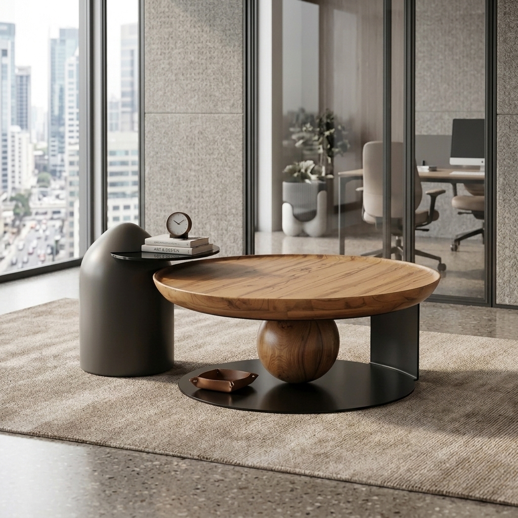 Sculptural Solid Teak & Steel Frame: Coffee Table Set view 3 - handcrafted furniture detail