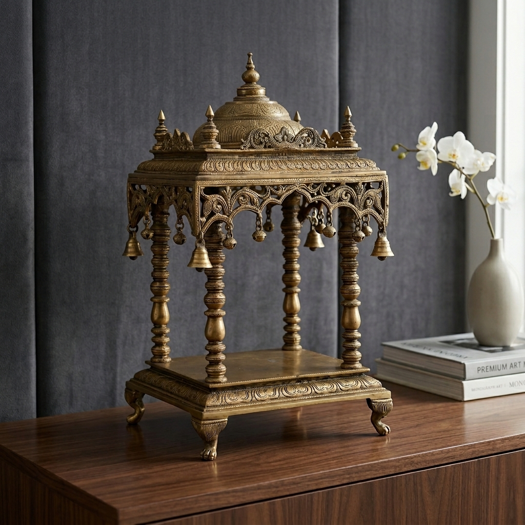 Ornate Brass Mandapam/ Temple - premium handcrafted Indian furniture, A masterfully designed traditional brass Mandapam (home temp