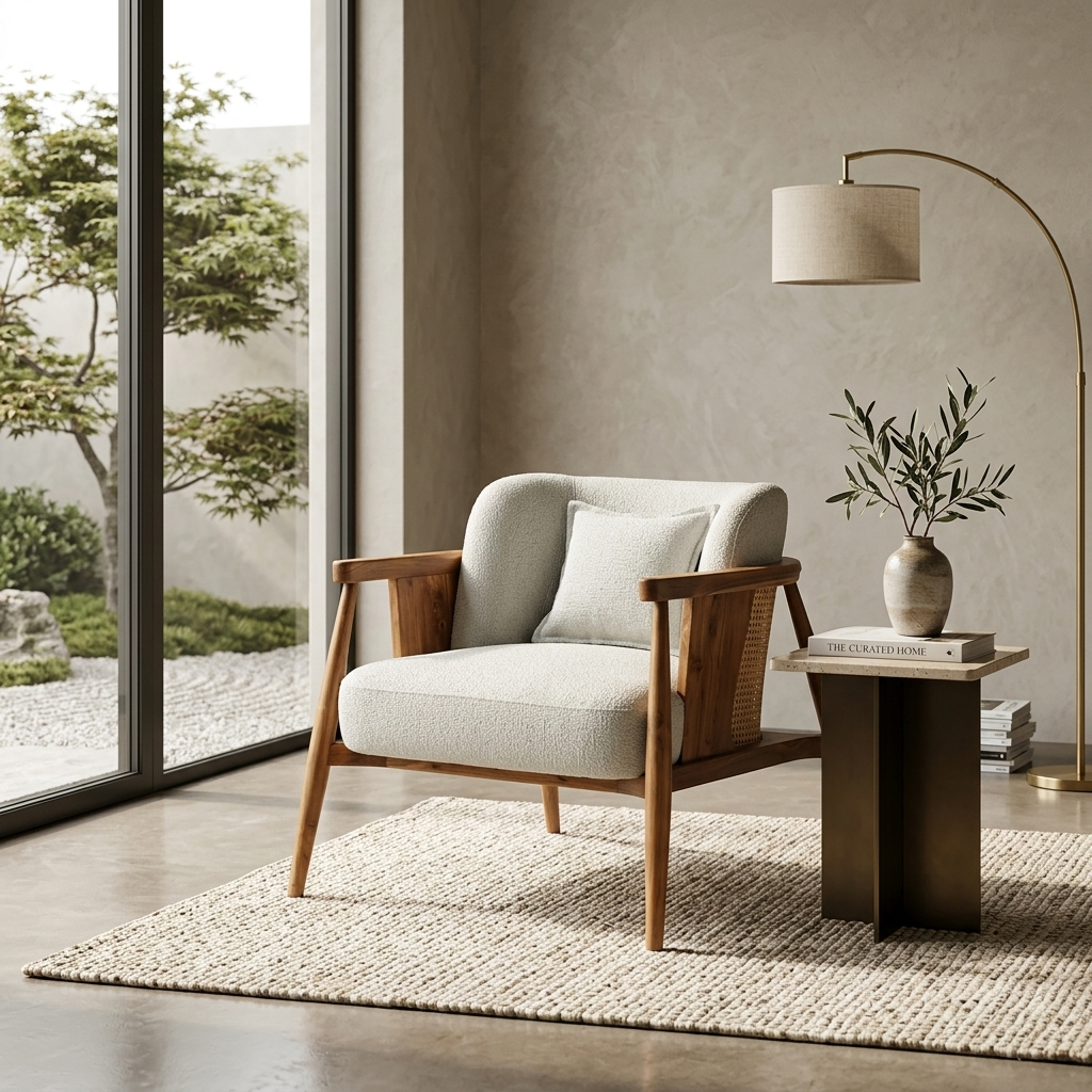 Nordic Teak & Bouclé Accent Chair with Natural Cane - handcrafted Indian furniture, An elegant mid-century modern accent chair built with a soli