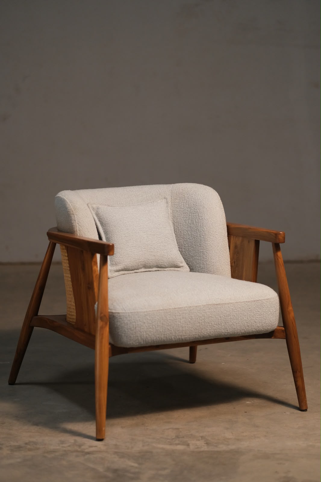 Nordic Teak & Bouclé Accent Chair with Natural Cane view 3 - handcrafted furniture detail