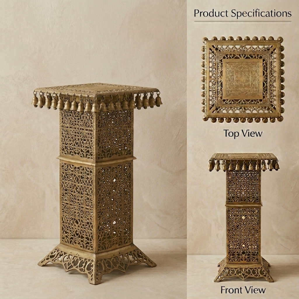 Antique Brass Lattice Pedestal Stand / Meenakari Bell Accent Table view 2 - handcrafted furniture detail