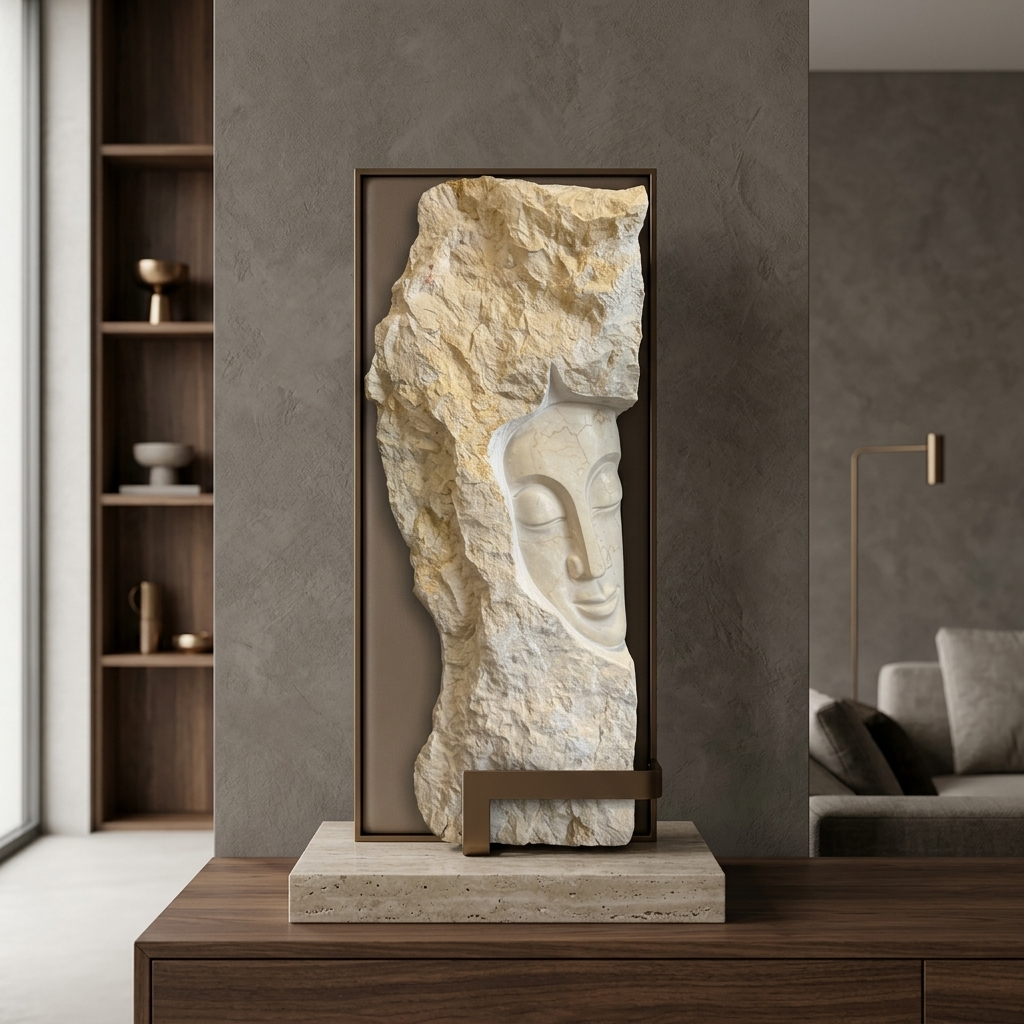Serene Buddha Face Raw Stone Monolith Sculpture view 3 - handcrafted furniture detail