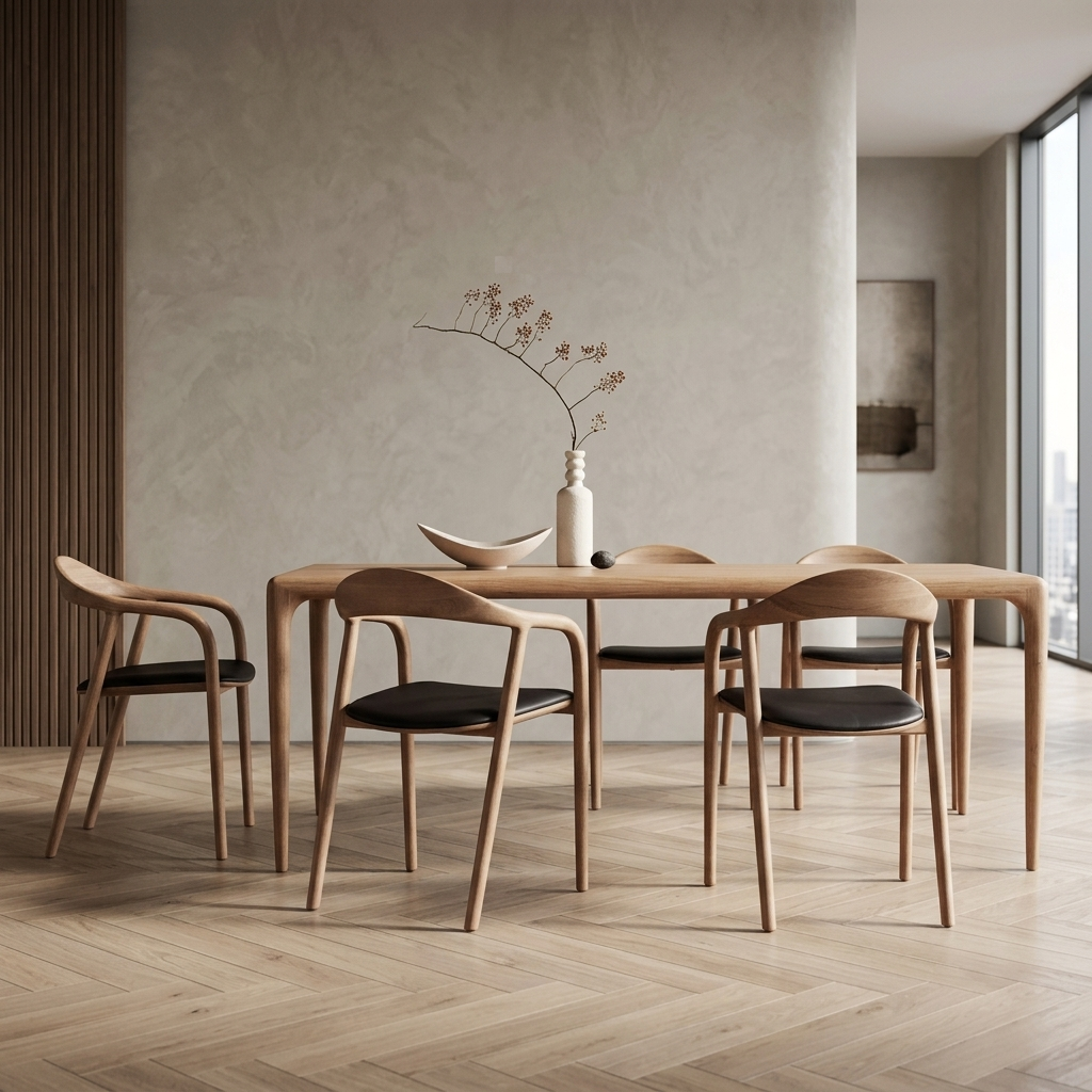 Contemporary Solid Teakwood Dining Table and Cushion Chair Set - handcrafted Indian furniture, A premium dining set combining masterfully shaped solid teak