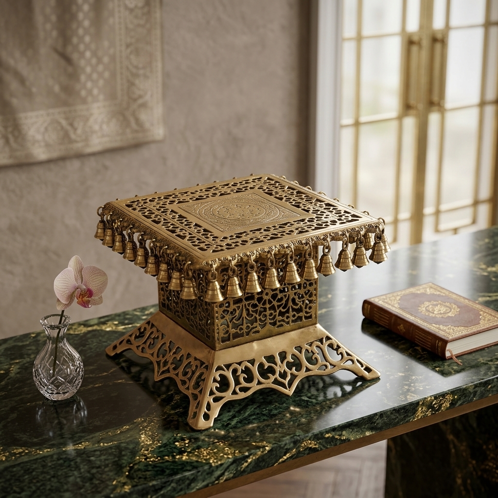 Ornate Brass Square Pedestal with Ghungroo Bells view 3 - handcrafted furniture detail
