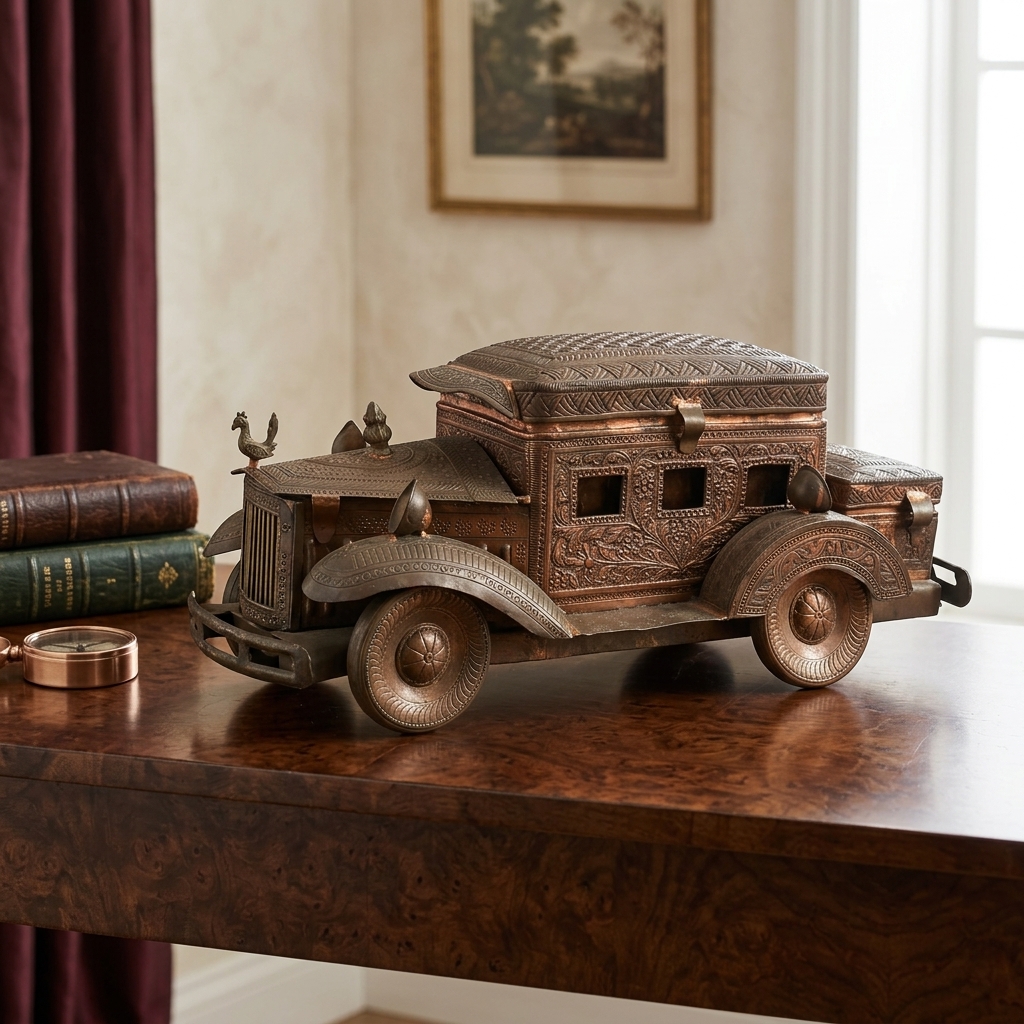 Antique Brass Vintage Car Jewelry Box view 2 - handcrafted furniture detail
