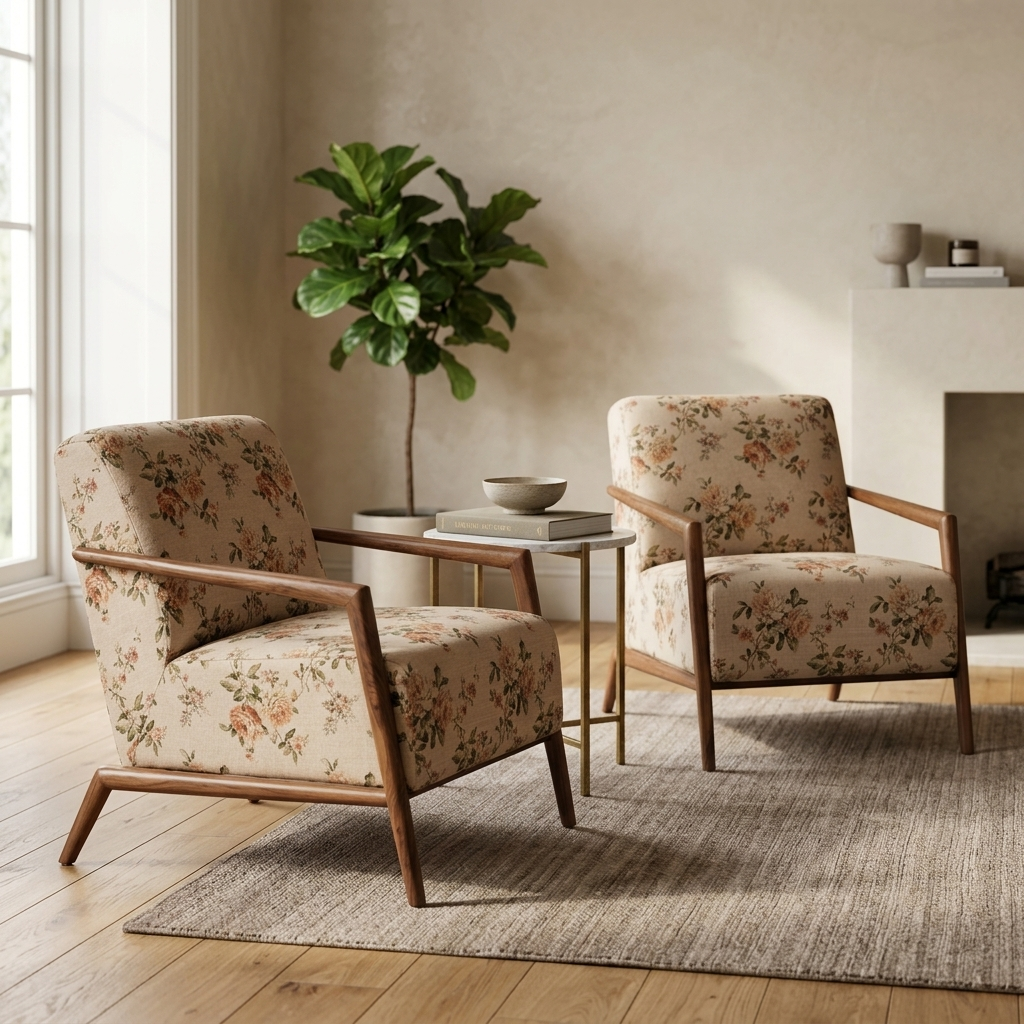 Floral Printed Solid Teak Accent Armchair view 2 - handcrafted furniture detail
