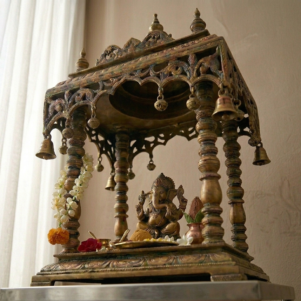 Ornate Brass Mandapam/ Temple view 3 - handcrafted furniture detail
