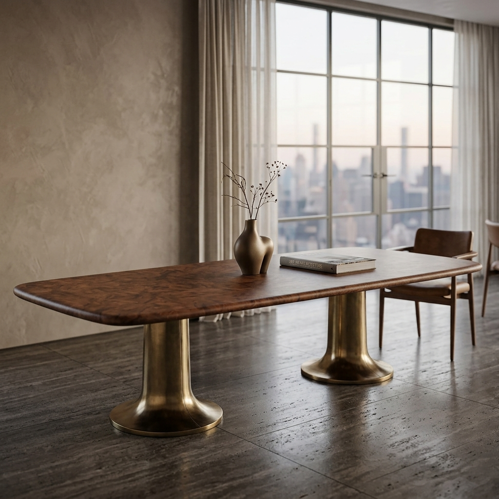Burl Natural Wood with Veneer & Cast Aluminium Pedestal Table view 3 - handcrafted furniture detail