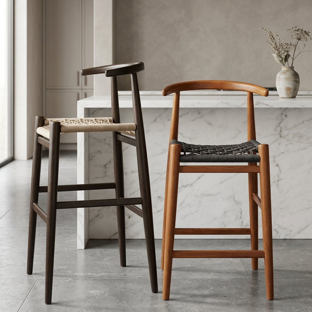 Minimalist Woven Cord Bar Stool - premium handcrafted Indian furniture, Set of 2. A striking blend of Mid-Century Scandinavian desig