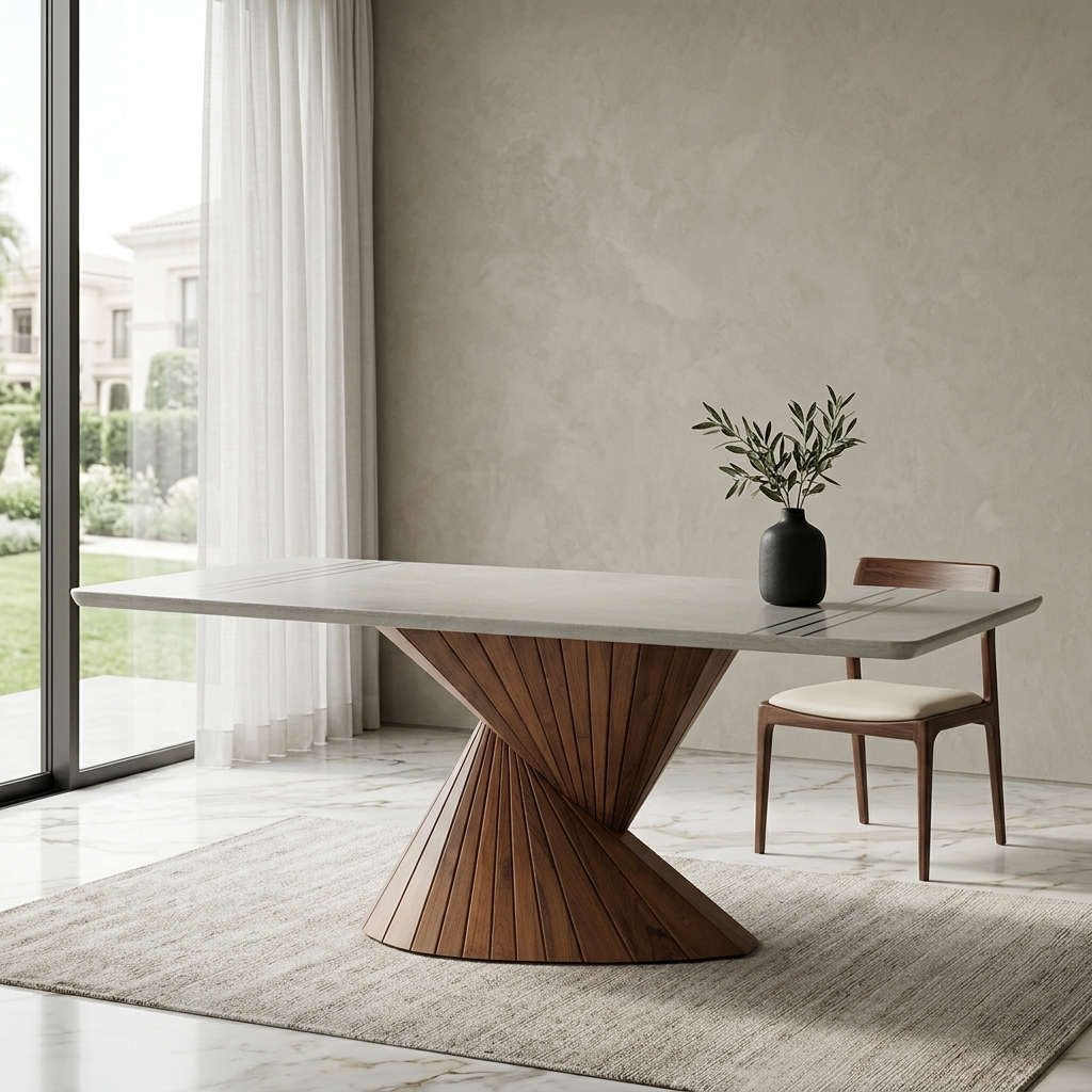 Vortex Spiral Teak & Italian Marble Executive Dining Table - handcrafted Indian furniture, A masterwork of modern architectural design, featuring a smo
