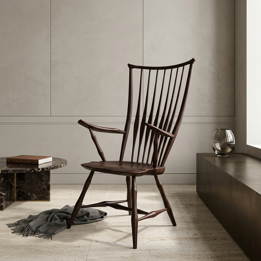 Malmsten High-Back Smoked teak Windsor Armchair - handcrafted Indian furniture, An exquisite statement piece combining dramatic architectura