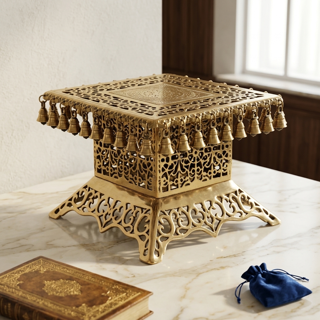 Ornate Brass Square Pedestal with Ghungroo Bells view 2 - handcrafted furniture detail