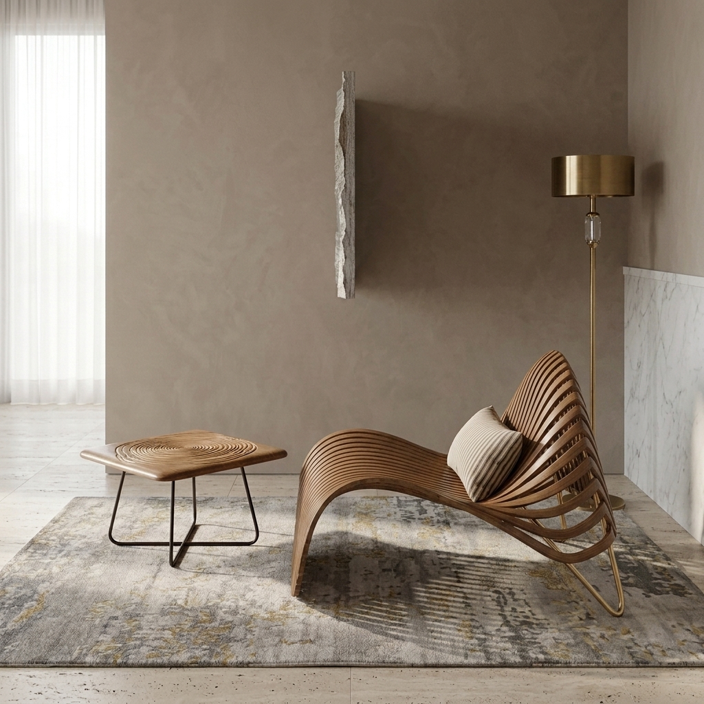 Sinuous Slatted Walnut Chaise Lounge & Accent Table Set view 3 - handcrafted furniture detail