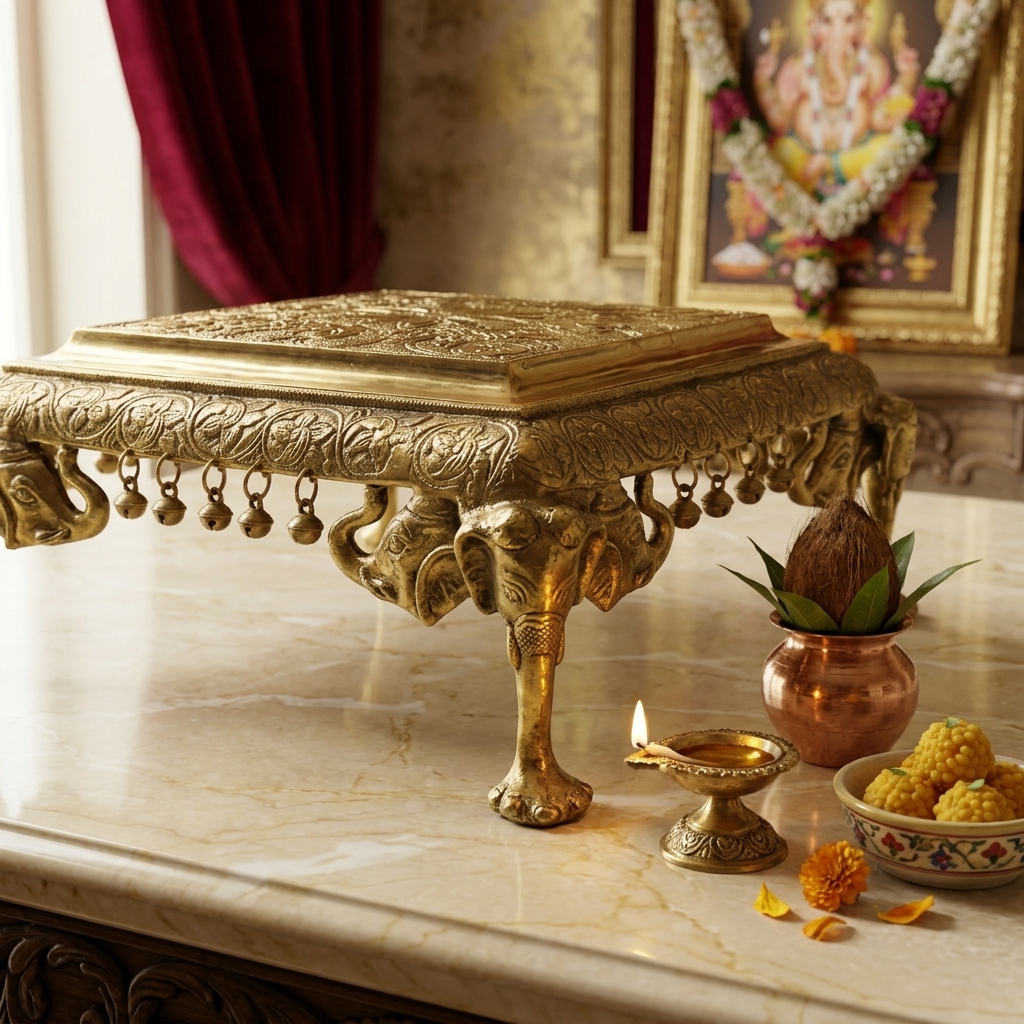 Antique Brass Elephant Puja Chowki view 3 - handcrafted furniture detail