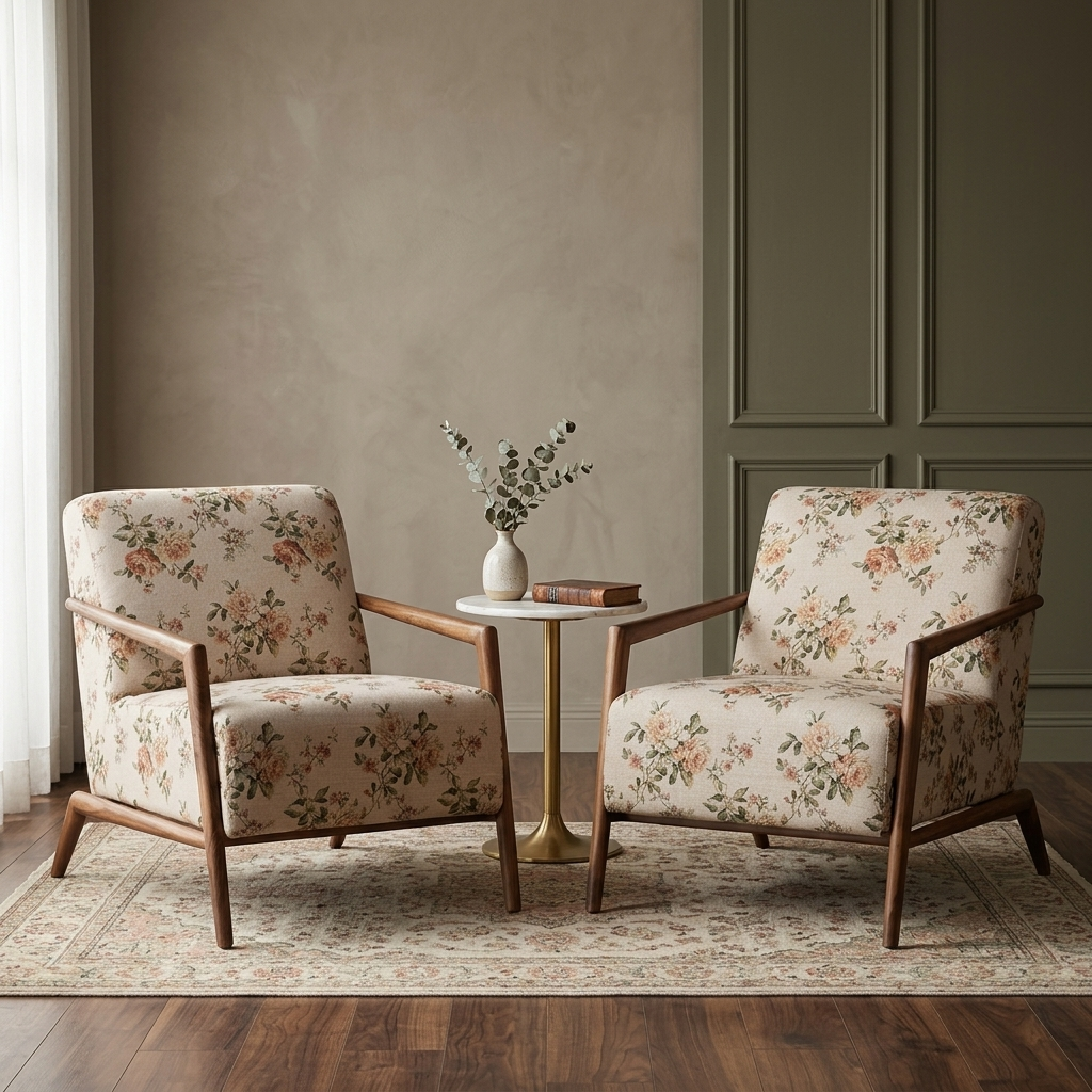 Floral Printed Solid Teak Accent Armchair - handcrafted Indian furniture, A charming blend of mid-century Scandinavian design and clas