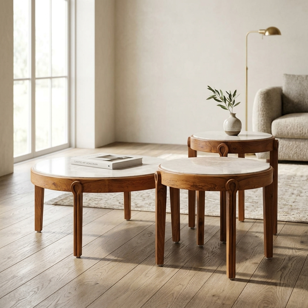Italian Marble & Solid Teak Nesting Coffee Table Set (Set of 3) view 3 - handcrafted furniture detail