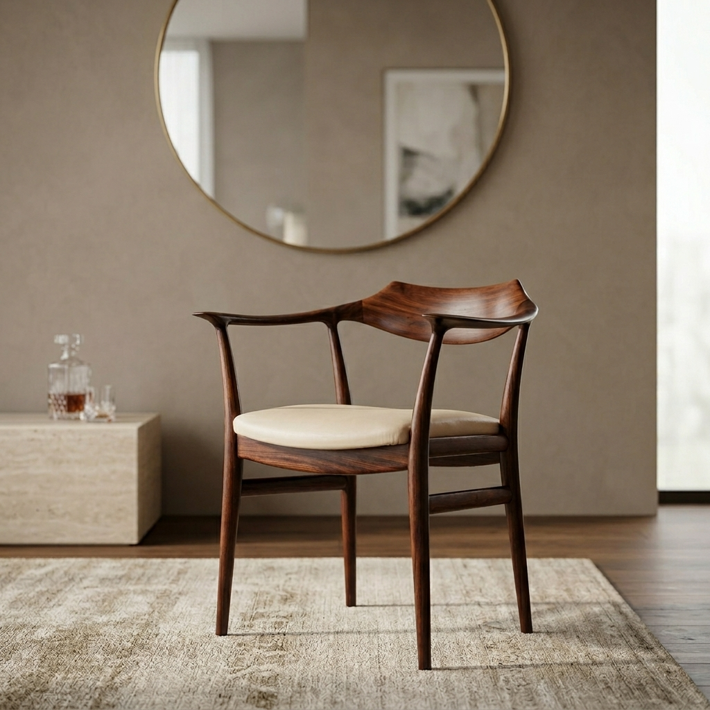 Set of 8: Mid-Century Modern Teakwood & Leather Armchair - handcrafted Indian furniture,  A masterful blend of organic minimalism and ergonomic comfo