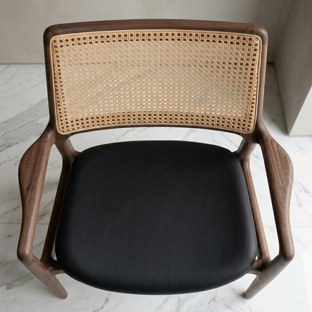 Mid-Century Modern Walnut and Cane Accent Chair view 3 - handcrafted furniture detail