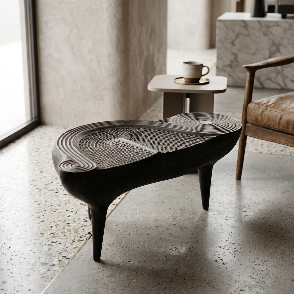 Hand-Carved Scorched TeakWood Organic Coffee Table