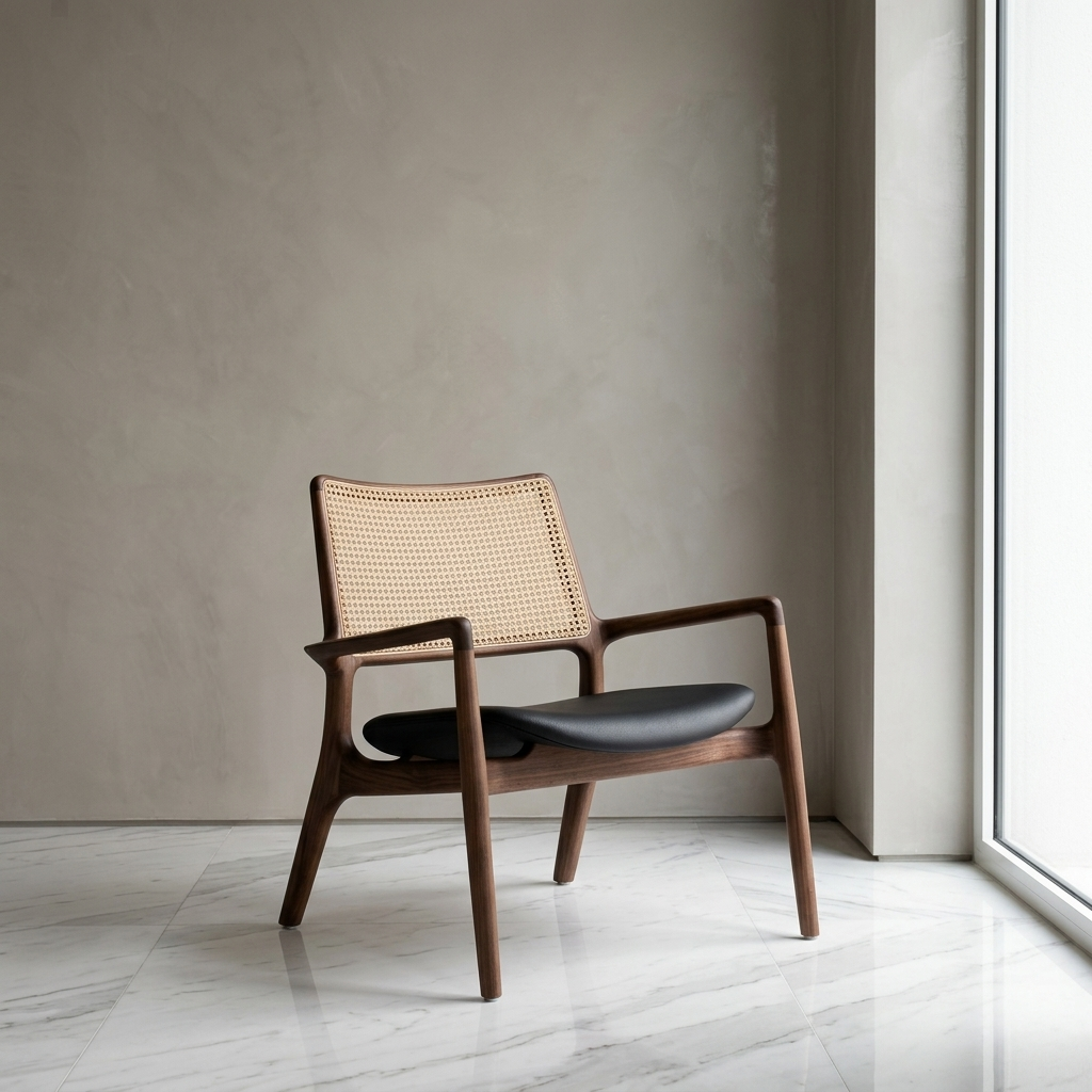 Mid-Century Modern Walnut and Cane Accent Chair view 2 - handcrafted furniture detail