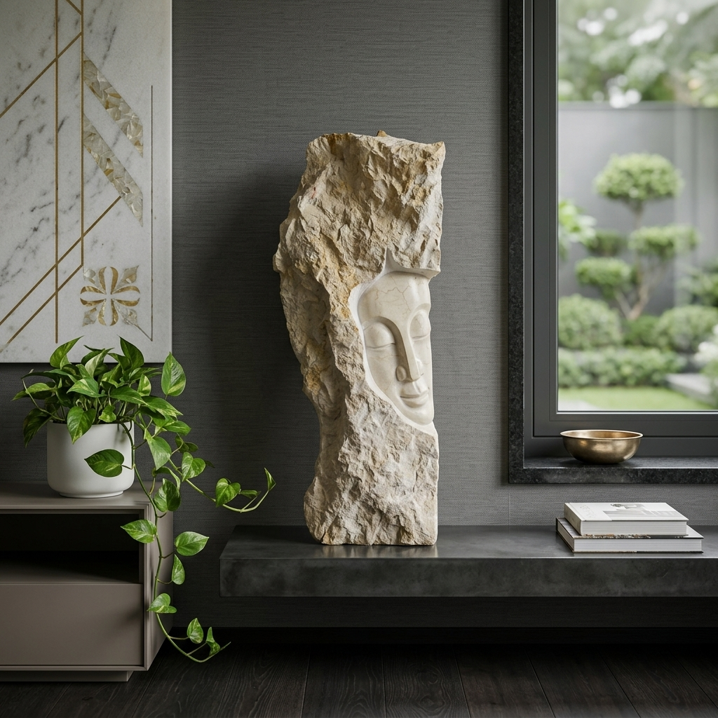 Serene Buddha Face Raw Stone Monolith Sculpture - handcrafted Indian furniture, A tranquil statement artwork combining the rugged beauty of 