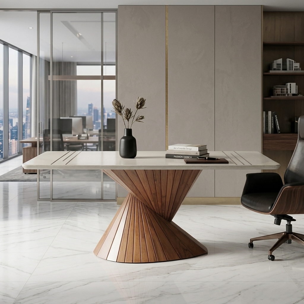 Vortex Spiral Teak & Italian Marble Executive Dining Table view 3 - handcrafted furniture detail