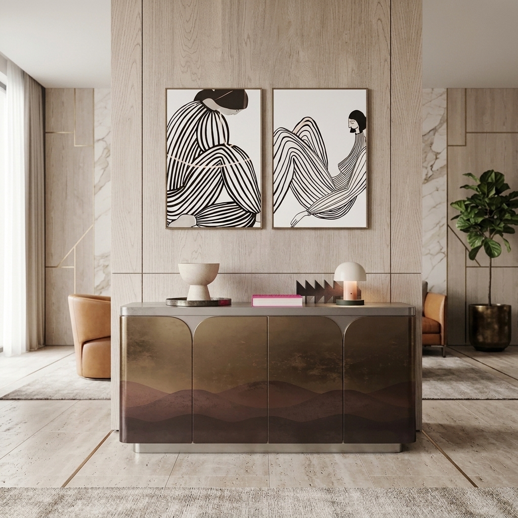  Liquid Metal Horizon Gradient Curved Sideboard - handcrafted Indian furniture, An artistic statement credenza featuring softly curved arche