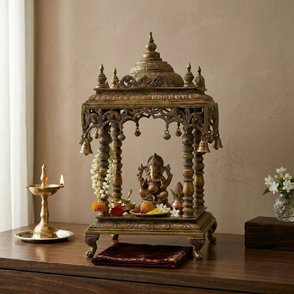 Ornate Brass Mandapam/ Temple view 2 - handcrafted furniture detail