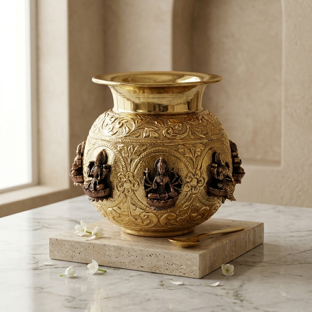Ashta Lakshmi Engraved Brass Kalash view 3 - handcrafted furniture detail