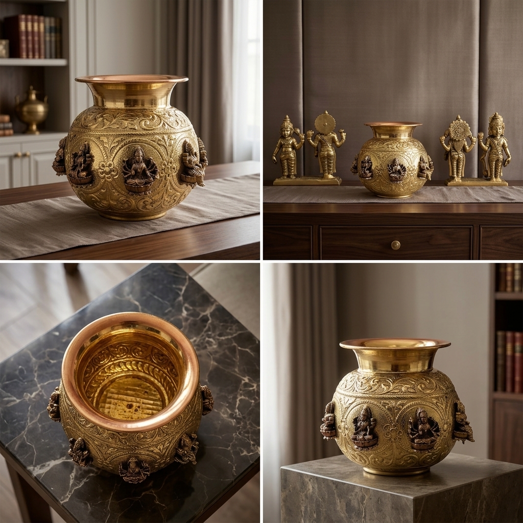 Ashta Lakshmi Engraved Brass Kalash view 2 - handcrafted furniture detail