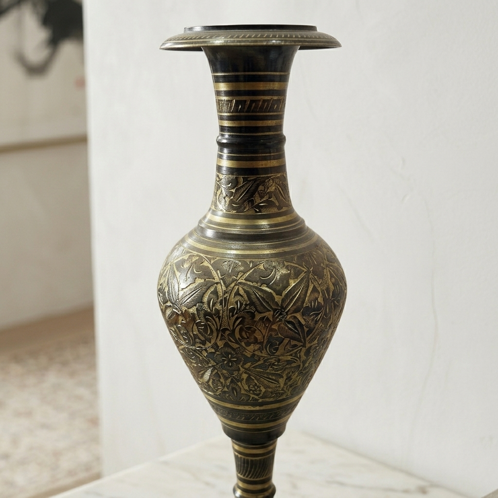 Brass Aftaba-Style Engraved Trumpet Vase view 3 - handcrafted furniture detail
