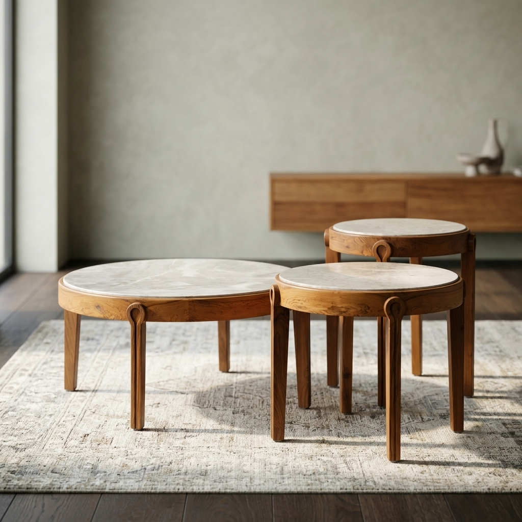 Italian Marble & Solid Teak Nesting Coffee Table Set (Set of 3) view 2 - handcrafted furniture detail