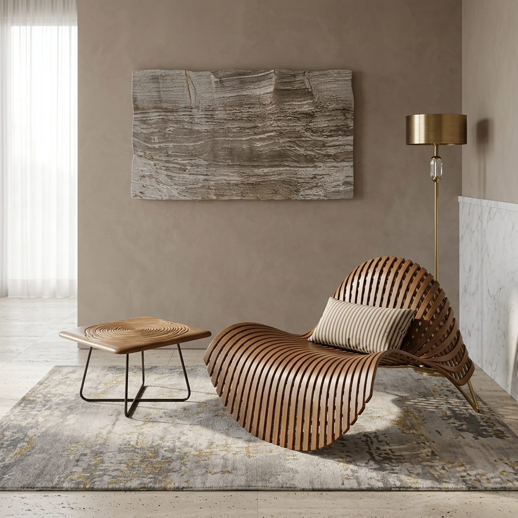 Sinuous Slatted Walnut Chaise Lounge & Accent Table Set - premium handcrafted Indian furniture, An architectural masterpiece redefining slow-living luxury. 