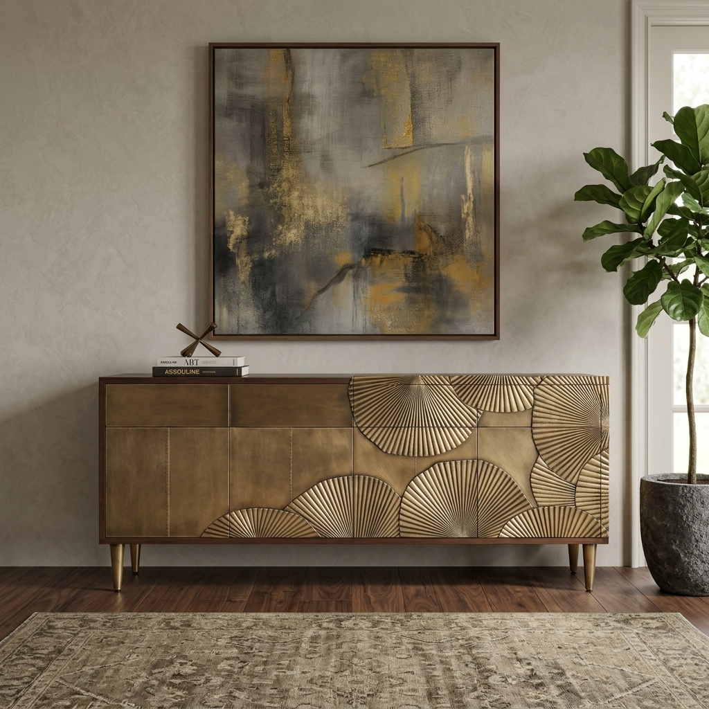Liquid Metal - Brass Radiance Fan-Carved Sideboard - handcrafted Indian furniture, A showstopping, artful credenza that blends sculptural depth
