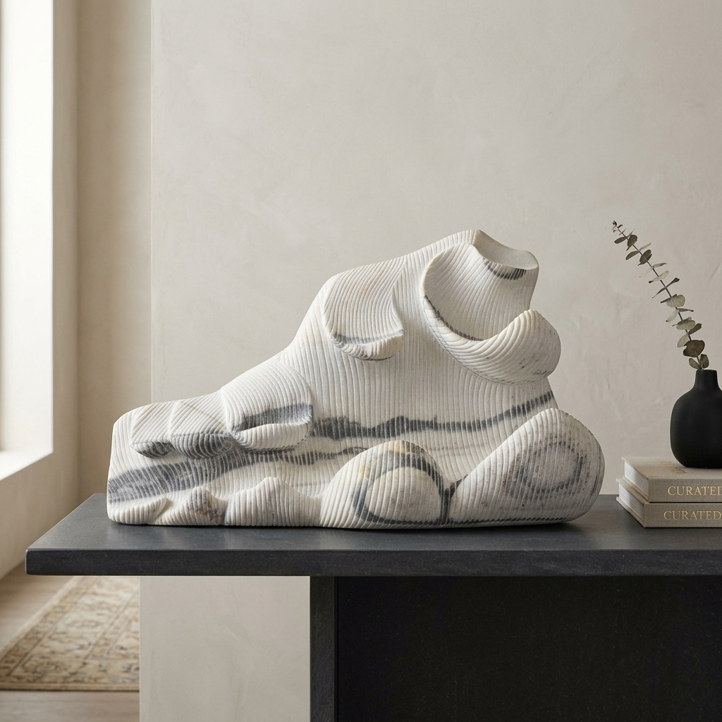 Artisan Ribbed Marble Fluid Form Sculpture - handcrafted Indian furniture, An extraordinary statement art piece that celebrates organic