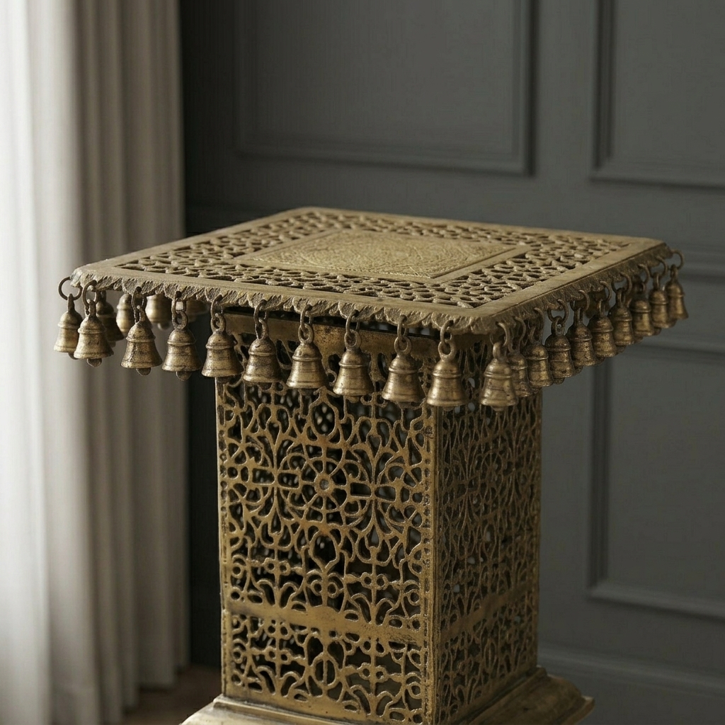 Antique Brass Lattice Pedestal Stand / Meenakari Bell Accent Table view 3 - handcrafted furniture detail