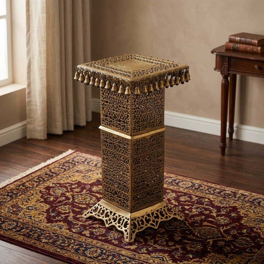 Antique Brass Lattice Pedestal Stand / Meenakari Bell Accent Table