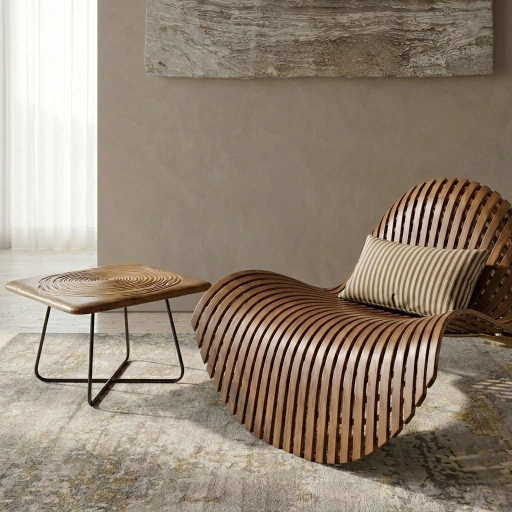 Sinuous Slatted Walnut Chaise Lounge & Accent Table Set view 2 - handcrafted furniture detail