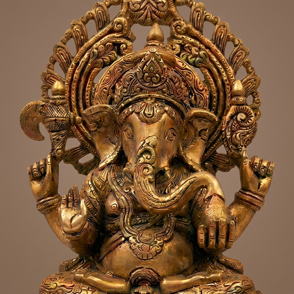 Brass Lord Ganesha Idol with Ornate Arch view 2 - handcrafted furniture detail