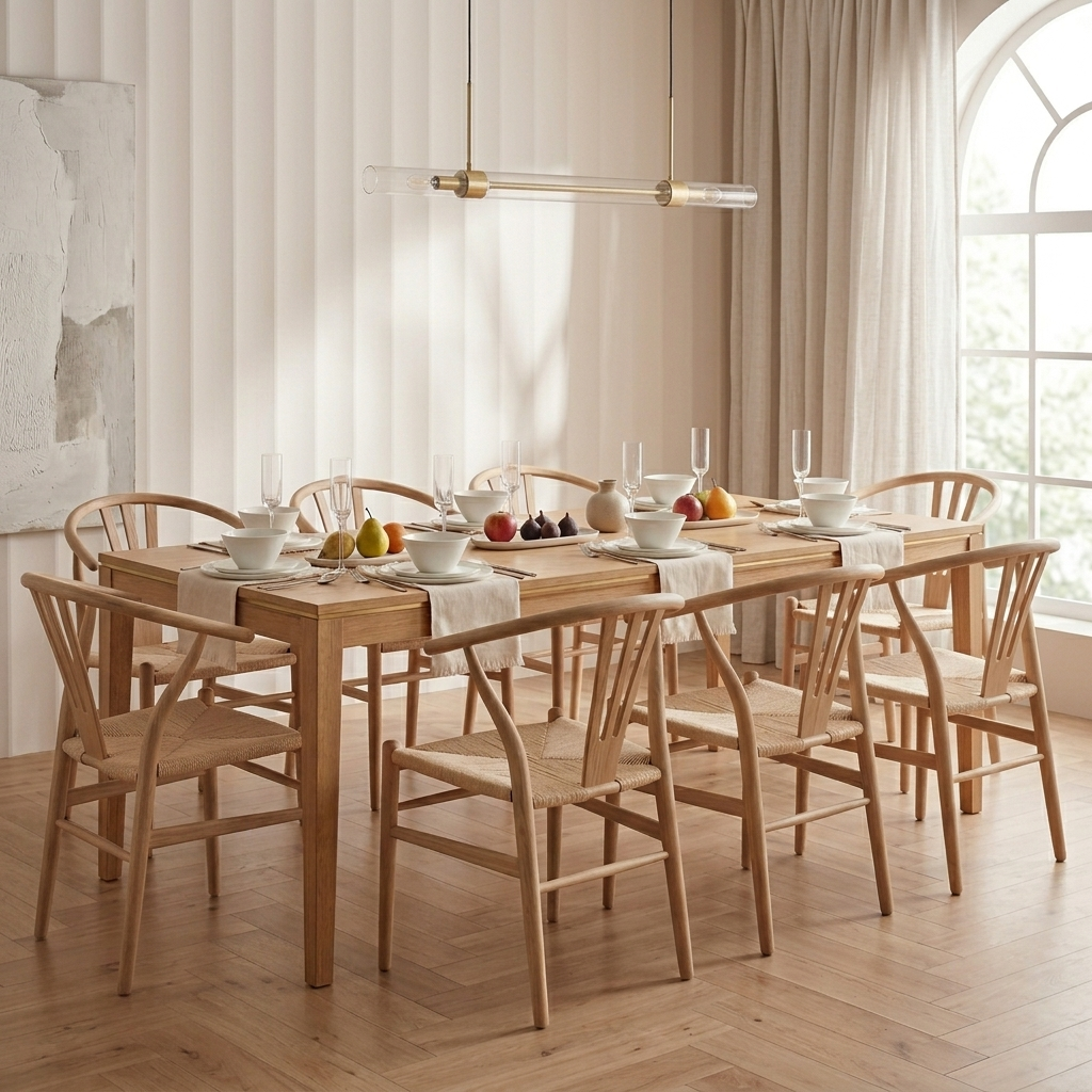 Hans Organic Woven Cord Wishbone Ashwood-Teakwood  Dining Chairs (Set of 8) - handcrafted Indian furniture, Inspired by iconic Scandinavian modernism, this set of eight