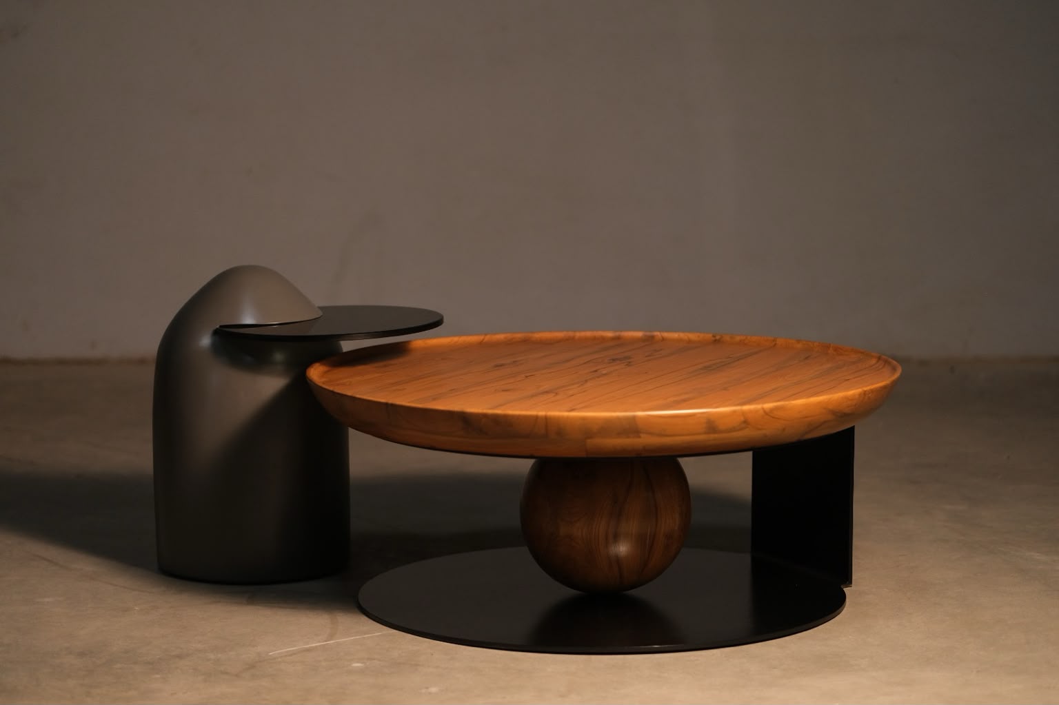 Sculptural Solid Teak & Steel Frame: Coffee Table Set view 2 - handcrafted furniture detail