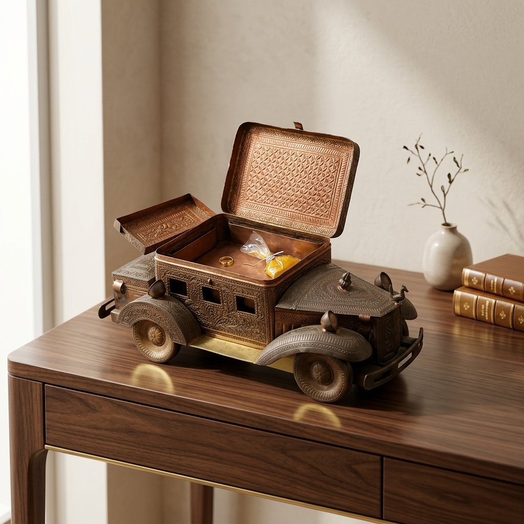 Antique Brass Vintage Car Jewelry Box - premium handcrafted Indian furniture, A meticulously detailed, vintage automobile sculpture that d