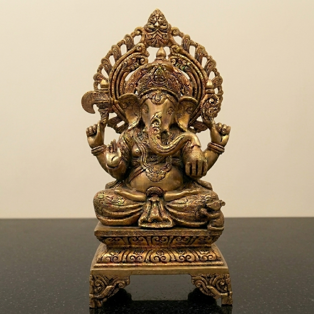Brass Lord Ganesha Idol with Ornate Arch - premium handcrafted Indian furniture, A beautifully antique Lord Ganesha idol in brass finish with