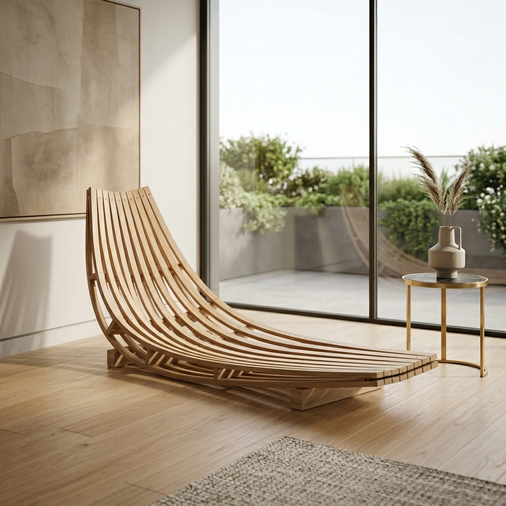 Serpentine Slat Luxury Wooden Chaise Lounger - handcrafted Indian furniture, An exquisite statement lounger featuring an ergonomic, sweep