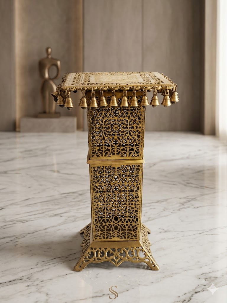 Antique Brass Lattice Pedestal Stand / Meenakari Bell Accent Table - premium handcrafted Indian furniture, An exquisite, handcrafted brass pedestal stand featuring int