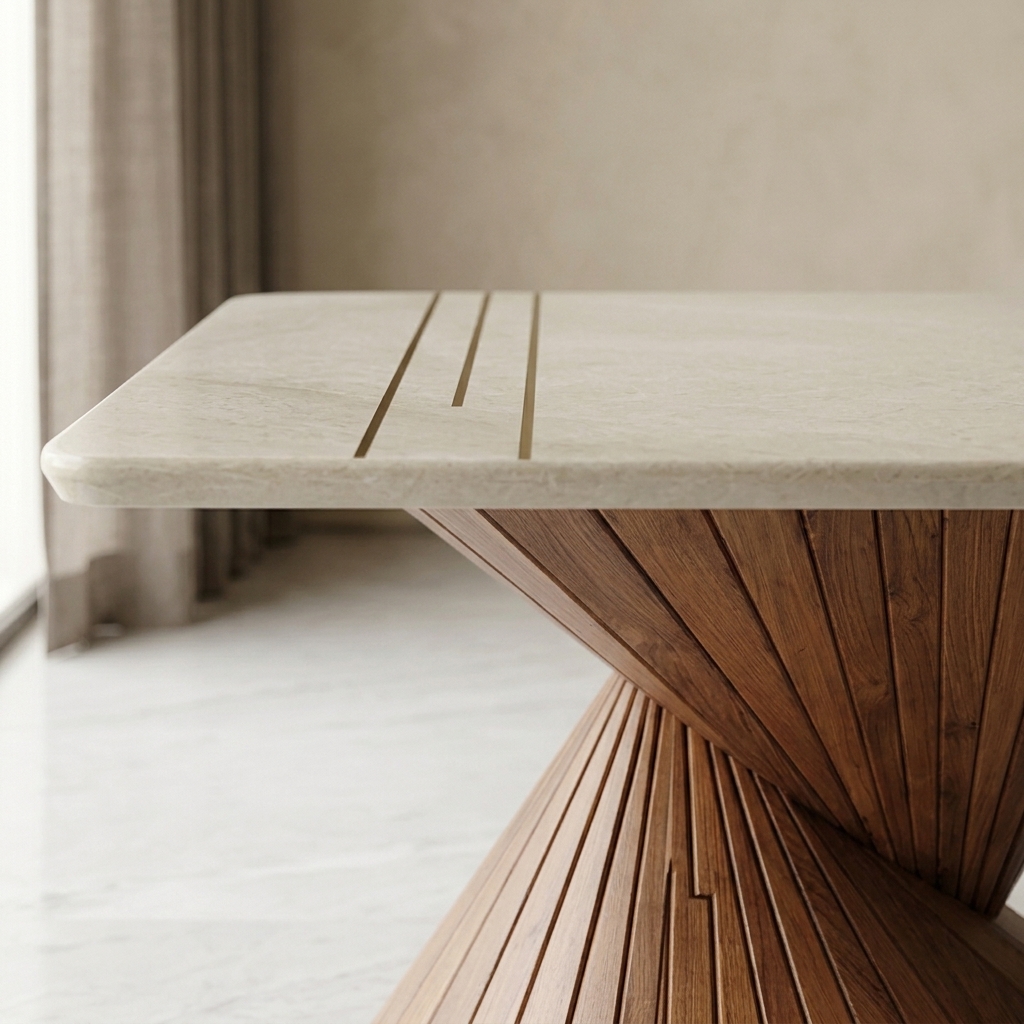 Vortex Spiral Teak & Italian Marble Executive Dining Table view 2 - handcrafted furniture detail