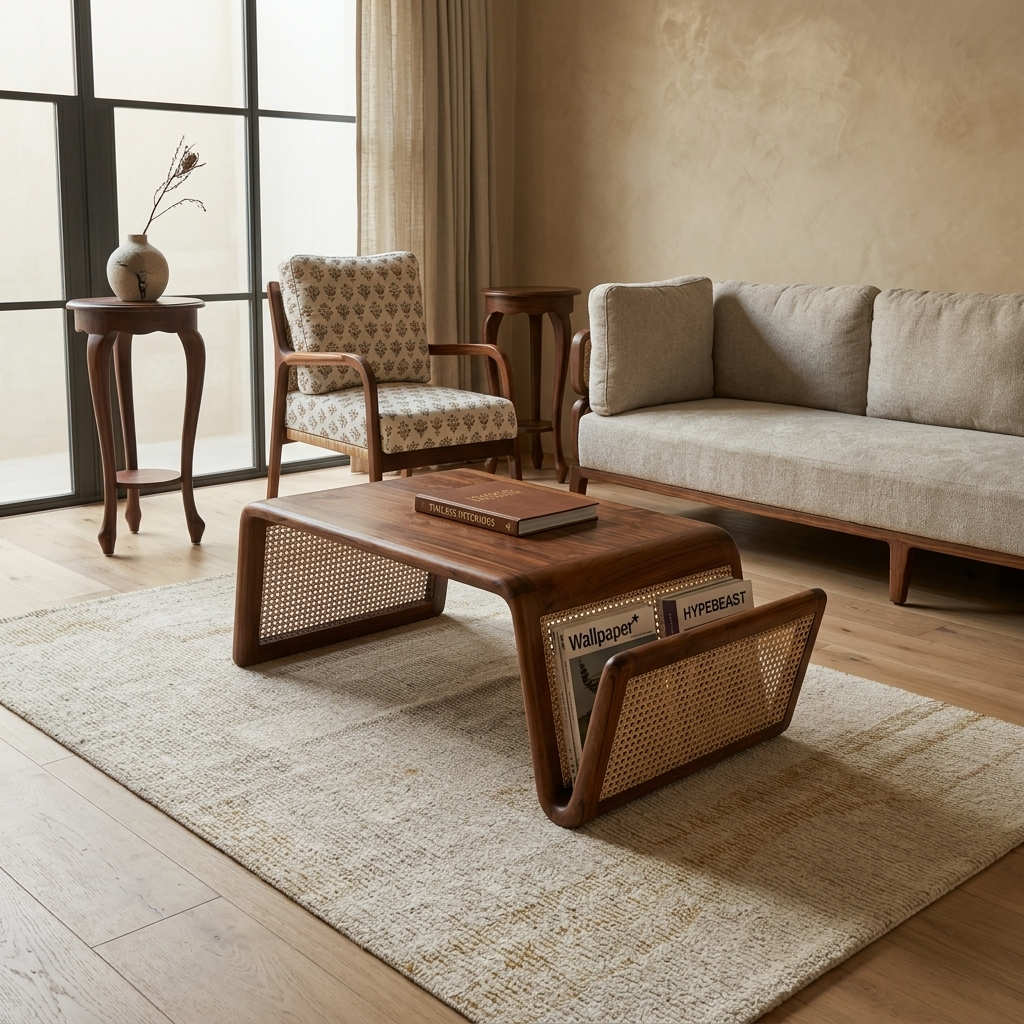 Linear Walnut & Woven Cane Coffee Table with Built-In Magazine Rack view 2 - handcrafted furniture detail