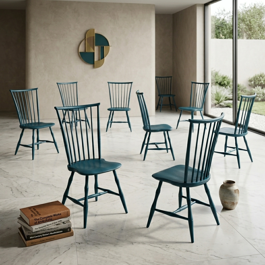 Nordic Teal Birdcage Spindle Back Dining Chairs (Set of 8) - handcrafted Indian furniture, A modern reimagining of classic Windsor design, this set fea